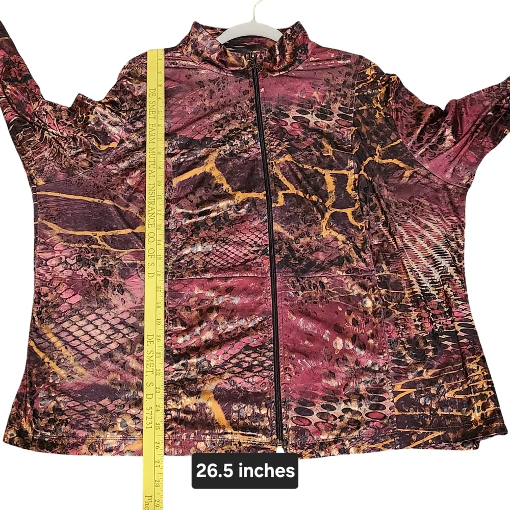 SUSAN GRAVER Zip Front Jacket Womens Plus 2X Red Brown Animal Snake Print Shiny - Picture 11 of 13